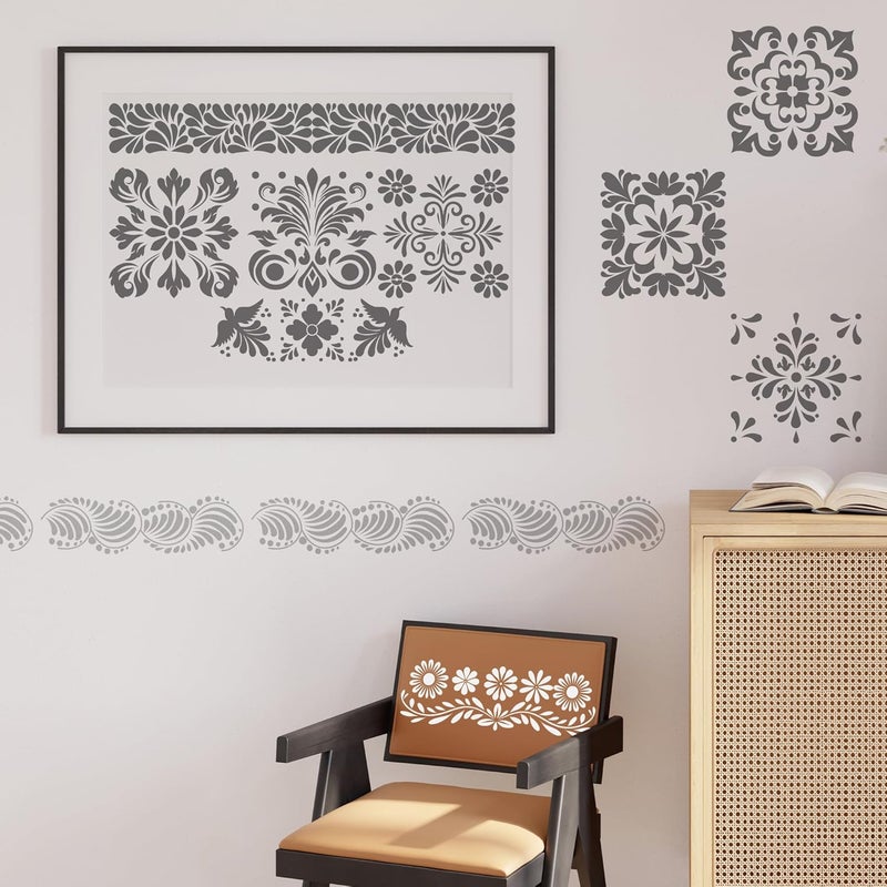 Sitsink Talavera Stencils for Painting - 18 Pcs Stencils for Painting on Wood Wall Border Template, Mexican Tile Painting Templates for Canvas Rock Furniture Door Mat Home Décor - Image 5